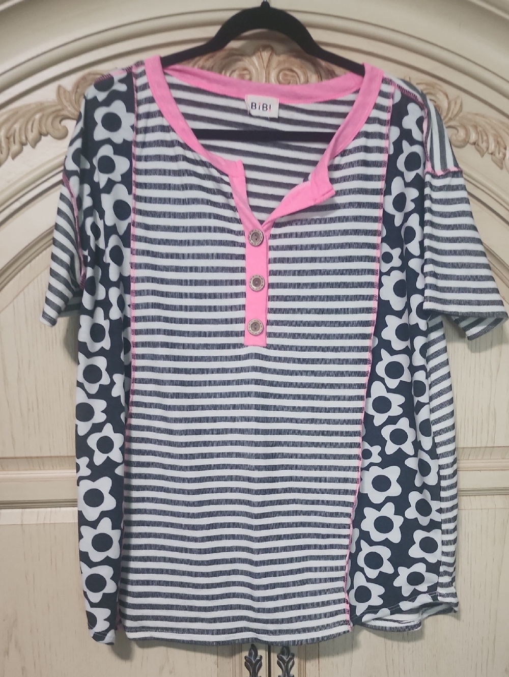 BiBi Black & White Striped Tee with Pink Trim
